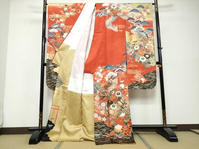 平和屋着物●豪華振袖　駒刺繍　御所車鴛鴦花文　暈し染め　金彩　正絹　逸品　DABK0454ud