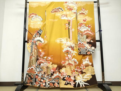 平和屋着物●豪華振袖　御所車草花文　暈し染め　金銀彩　正絹　逸品　DABK0455ud