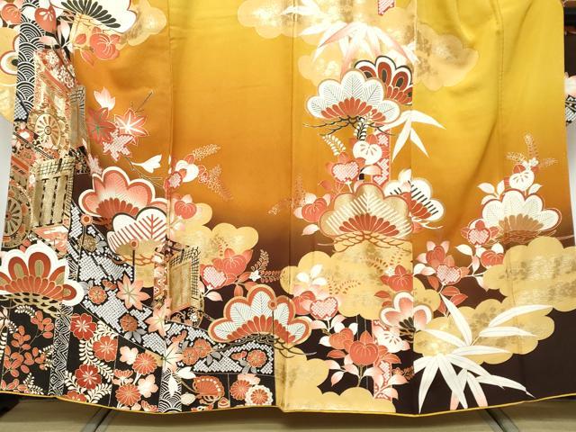 平和屋着物●豪華振袖　御所車草花文　暈し染め　金銀彩　正絹　逸品　DABK0455ud