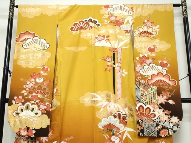 平和屋着物●豪華振袖　御所車草花文　暈し染め　金銀彩　正絹　逸品　DABK0455ud