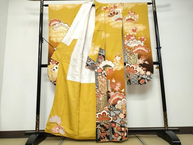 平和屋着物●豪華振袖　御所車草花文　暈し染め　金銀彩　正絹　逸品　DABK0455ud