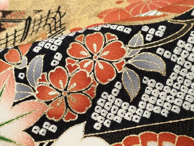 平和屋着物●豪華振袖　御所車草花文　暈し染め　金銀彩　正絹　逸品　DABK0455ud