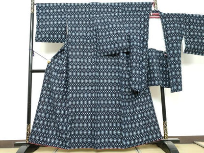 平和屋着物●久留米絣　袷　アンサンブル　菱文　綿　逸品　DABK0466ud