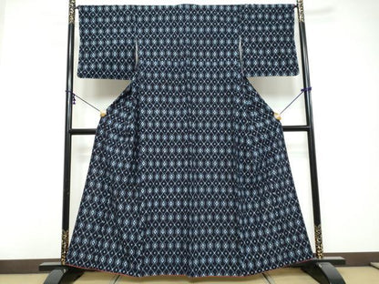 平和屋着物●久留米絣　袷　アンサンブル　菱文　綿　逸品　DABK0466ud