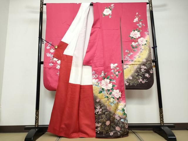 平和屋着物●豪華振袖　草花文　暈し染め　金銀彩　正絹　逸品　DABK0476ud