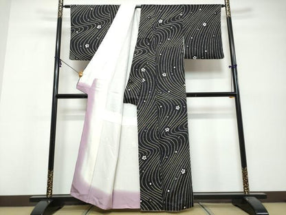 平和屋着物●上質な小紋　総絞り　舞花文　黒地　正絹　逸品　DABK0477ud