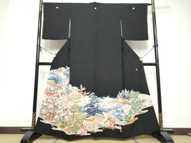 平和屋着物●本加賀友禅作家　中　政雄　黒留袖　風景草花文　正絹　逸品　DABK0496ud
