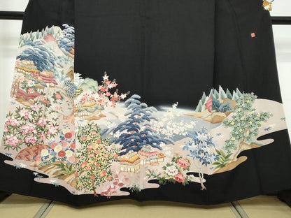 平和屋着物●本加賀友禅作家　中　政雄　黒留袖　風景草花文　正絹　逸品　DABK0496ud