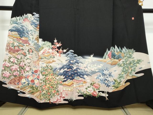 平和屋着物●本加賀友禅作家　中　政雄　黒留袖　風景草花文　正絹　逸品　DABK0496ud