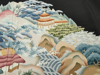 平和屋着物●本加賀友禅作家　中　政雄　黒留袖　風景草花文　正絹　逸品　DABK0496ud