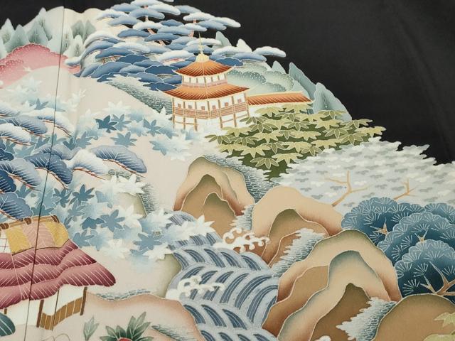 平和屋着物●本加賀友禅作家　中　政雄　黒留袖　風景草花文　正絹　逸品　DABK0496ud