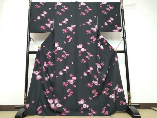 平和屋着物●ファッションブランド　hiromichi nakano　ヒロミチナカノ　小紋　草花文　黒地　洗える着物　DABK0498ud