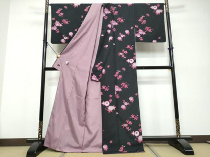 平和屋着物●ファッションブランド　hiromichi nakano　ヒロミチナカノ　小紋　草花文　黒地　洗える着物　DABK0498ud