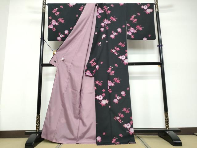 平和屋着物●ファッションブランド　hiromichi nakano　ヒロミチナカノ　小紋　草花文　黒地　洗える着物　DABK0498ud