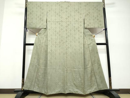 平和屋着物●上質な色無地　七宝花地紋　柳煤竹色　正絹　逸品　DABK0554ud