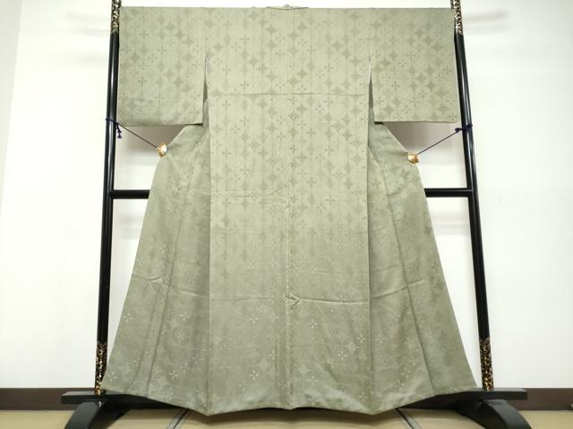 平和屋着物●上質な色無地　七宝花地紋　柳煤竹色　正絹　逸品　DABK0554ud