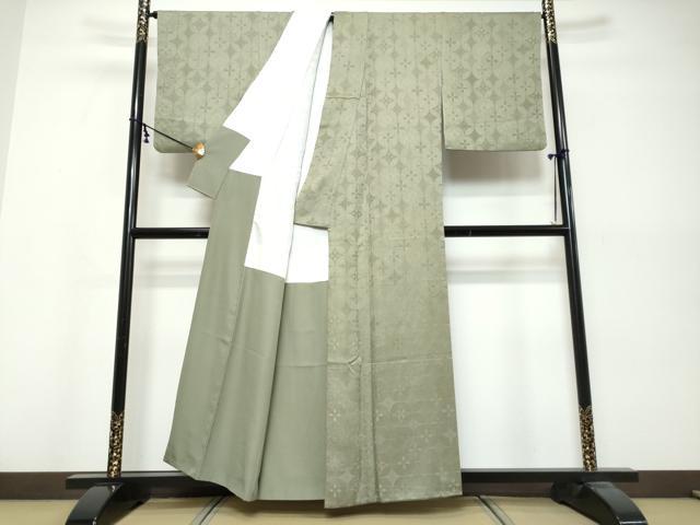 平和屋着物●上質な色無地　七宝花地紋　柳煤竹色　正絹　逸品　DABK0554ud