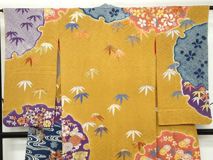 平和屋着物●アンティーク　大正ロマン　訪問着　駒刺繍　絞り　流水草花文　金糸　正絹　逸品　DABK0566ud