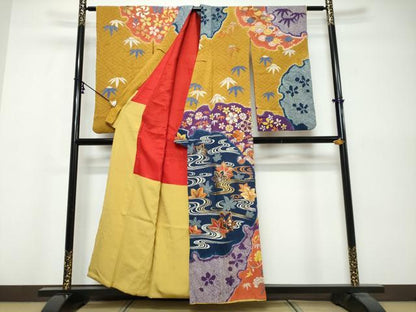 平和屋着物●アンティーク　大正ロマン　訪問着　駒刺繍　絞り　流水草花文　金糸　正絹　逸品　DABK0566ud