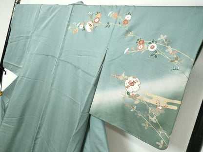 平和屋着物●訪問着　駒刺繍　雪輪花鳥文　暈し染め　金銀彩　正絹　逸品　DABK0568ud