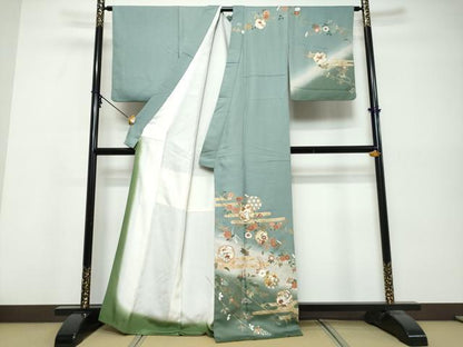 平和屋着物●訪問着　駒刺繍　雪輪花鳥文　暈し染め　金銀彩　正絹　逸品　DABK0568ud