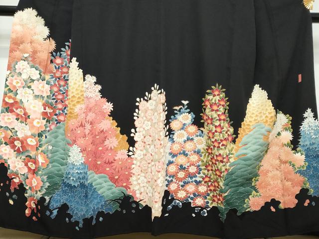 平和屋着物●本加賀友禅作家　北　盛夫　黒留袖　草花文　金彩　正絹　逸品　DABK0576ud