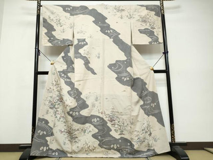 平和屋着物●訪問着　紬地　絞り　道長風景草花文　正絹　逸品　未使用　DABK0578ud