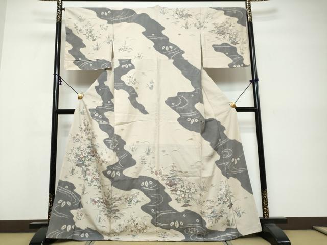 平和屋着物●訪問着　紬地　絞り　道長風景草花文　正絹　逸品　未使用　DABK0578ud