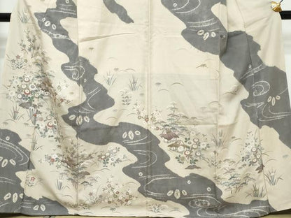平和屋着物●訪問着　紬地　絞り　道長風景草花文　正絹　逸品　未使用　DABK0578ud