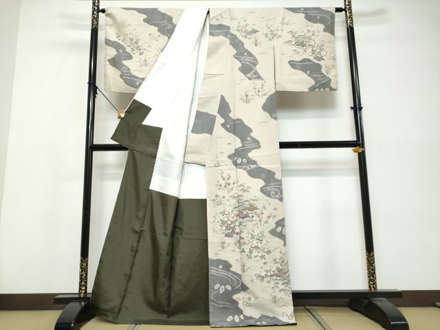 平和屋着物●訪問着　紬地　絞り　道長風景草花文　正絹　逸品　未使用　DABK0578ud