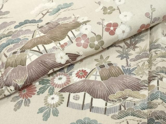 平和屋着物●訪問着　紬地　絞り　道長風景草花文　正絹　逸品　未使用　DABK0578ud