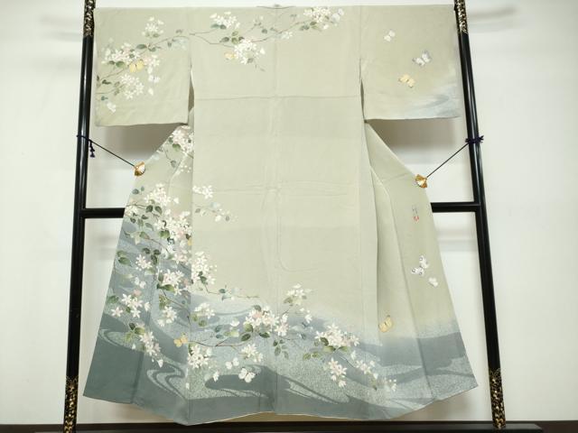 平和屋着物●訪問着　友禅　作家物　花蝶文　暈し染め　鬼しぼ縮緬　正絹　逸品　DABK0587ud