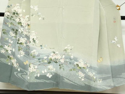平和屋着物●訪問着　友禅　作家物　花蝶文　暈し染め　鬼しぼ縮緬　正絹　逸品　DABK0587ud