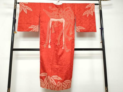 平和屋着物●アンティーク　大正ロマン　長襦袢　袷　絞り　鳳凰笹文　赤色　正絹　逸品　DABK0594ud