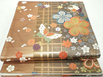 平和屋着物◎六通柄袋帯　唐織　花蝶文　金糸　正絹　逸品　DABK0604ud