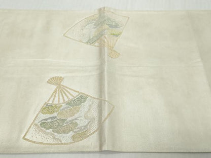 平和屋着物◎中国三大刺繍　相良刺繍　太鼓柄文袋帯　総刺繍　扇面梅松文　正絹　逸品　DABK0607ud