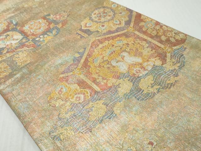平和屋着物◎六通柄袋帯　向かい鳥花文　金銀糸　引箔　正絹　逸品　DABK0635ud