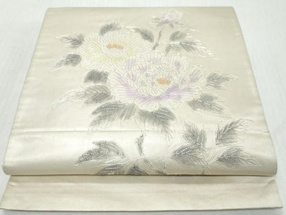 平和屋着物◎太鼓柄袋帯　駒刺繍　枝花文　銀糸　正絹　逸品　DABK0646ud