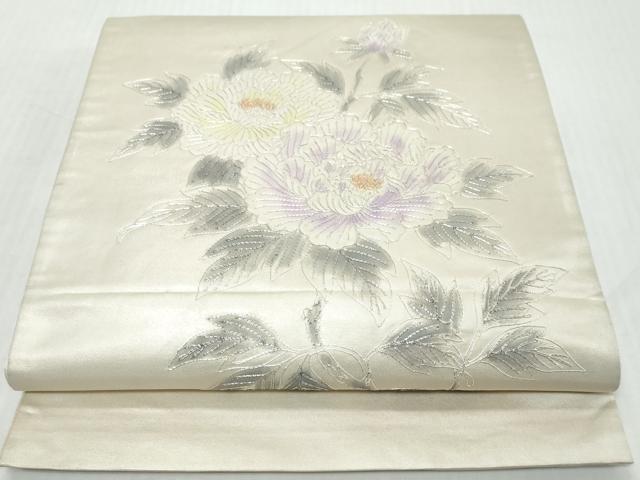 平和屋着物◎太鼓柄袋帯　駒刺繍　枝花文　銀糸　正絹　逸品　DABK0646ud
