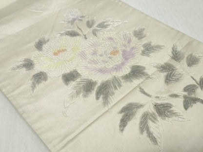 平和屋着物◎太鼓柄袋帯　駒刺繍　枝花文　銀糸　正絹　逸品　DABK0646ud