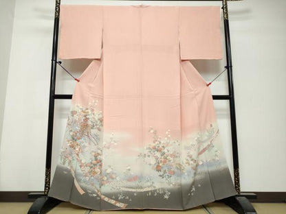 平和屋着物●十日町友禅作家　松雨　色留袖　扇面御所車草花文　暈し染め　金銀彩　正絹　逸品　DABK0705ud