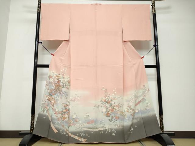 平和屋着物●十日町友禅作家　松雨　色留袖　扇面御所車草花文　暈し染め　金銀彩　正絹　逸品　DABK0705ud