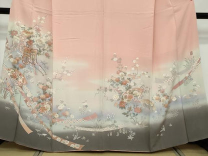 平和屋着物●十日町友禅作家　松雨　色留袖　扇面御所車草花文　暈し染め　金銀彩　正絹　逸品　DABK0705ud