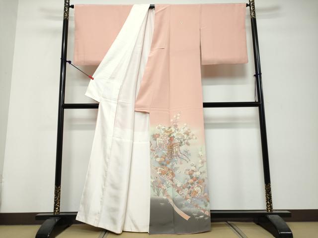 平和屋着物●十日町友禅作家　松雨　色留袖　扇面御所車草花文　暈し染め　金銀彩　正絹　逸品　DABK0705ud