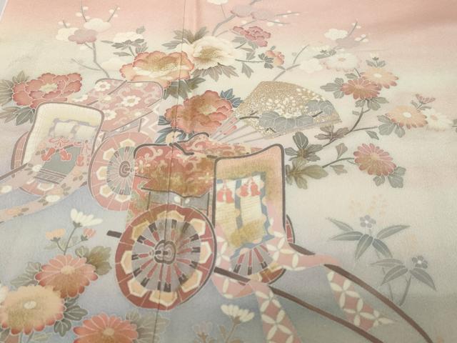 平和屋着物●十日町友禅作家　松雨　色留袖　扇面御所車草花文　暈し染め　金銀彩　正絹　逸品　DABK0705ud