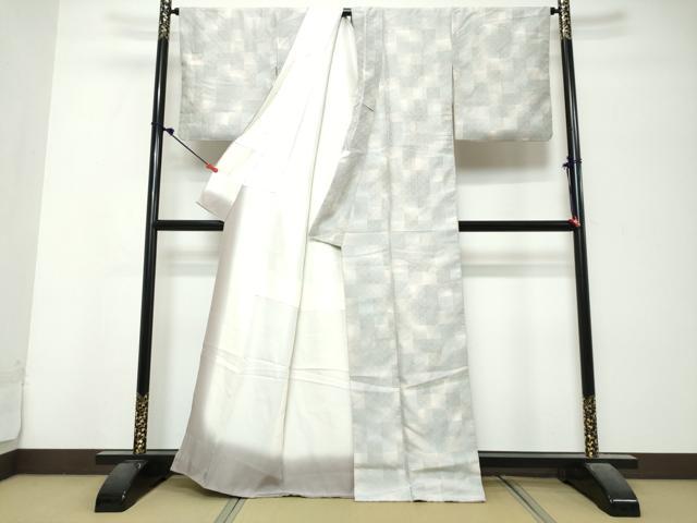 平和屋着物●上質な紬　花織　変わり格子文　正絹　逸品　DABK0722ud