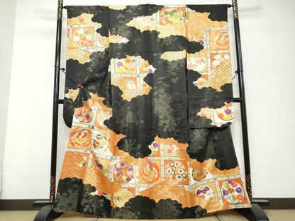 平和屋着物●豪華振袖　花鳥丸文　黒地　金彩　金通し地　正絹　逸品　DABK0751ud