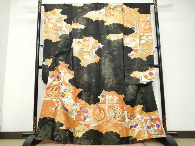平和屋着物●豪華振袖　花鳥丸文　黒地　金彩　金通し地　正絹　逸品　DABK0751ud