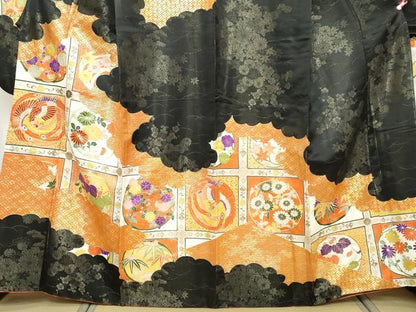 平和屋着物●豪華振袖　花鳥丸文　黒地　金彩　金通し地　正絹　逸品　DABK0751ud