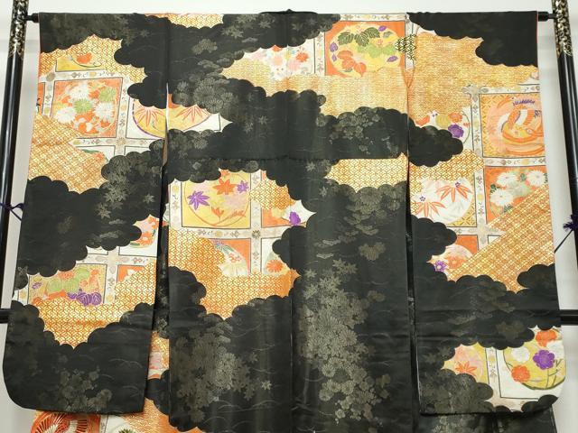 平和屋着物●豪華振袖　花鳥丸文　黒地　金彩　金通し地　正絹　逸品　DABK0751ud